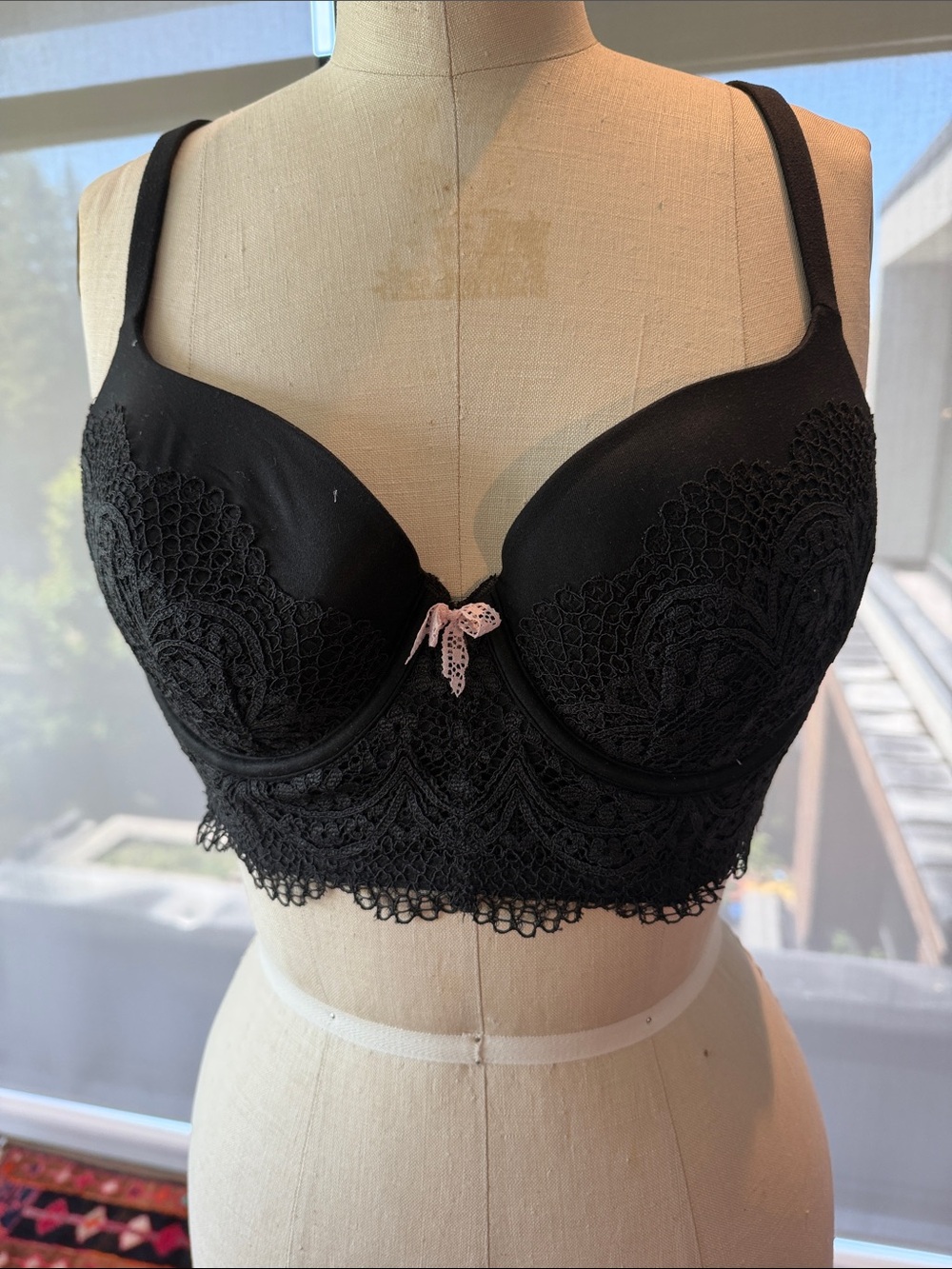 Victoria's Secret Black Lace Longline Bra with Pink Bow Accent